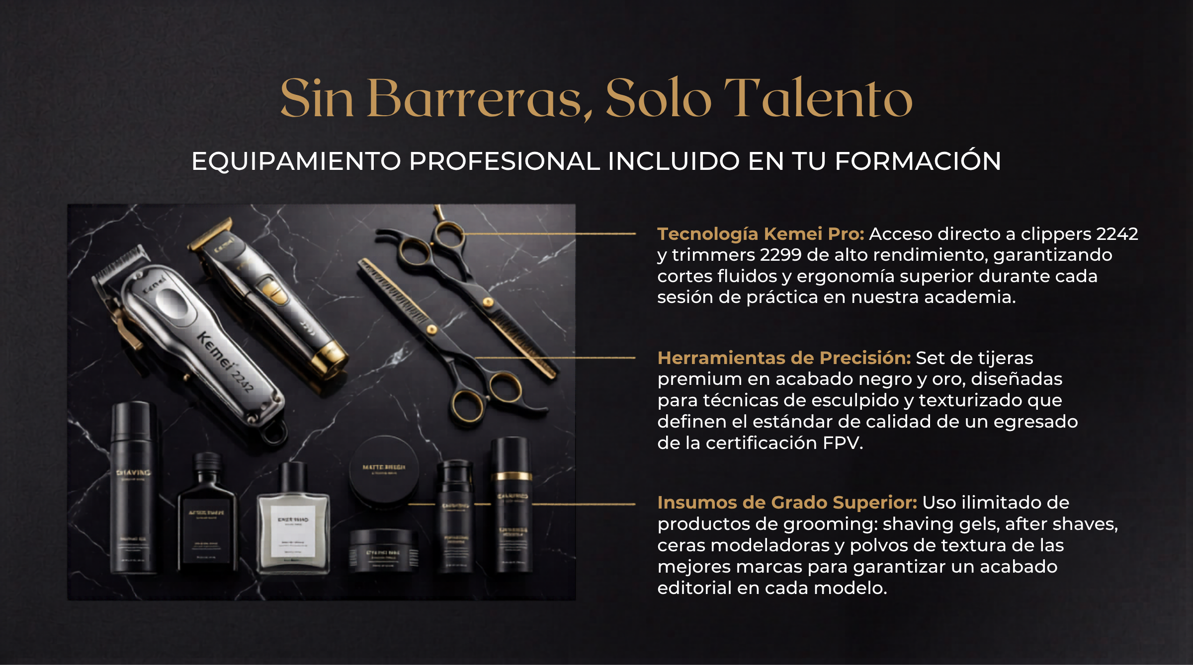 Equipamiento profesional Kemei Pro y tijeras oro